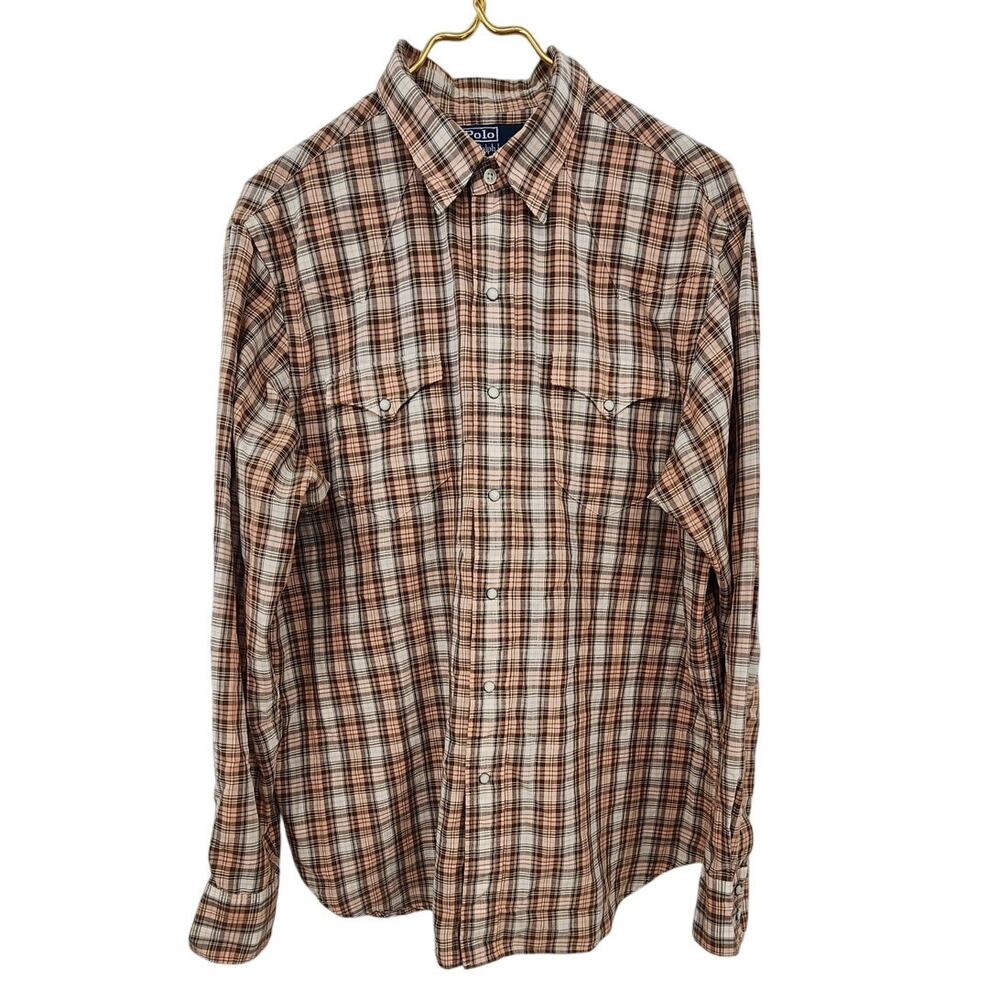 Men's Polo Ralph Lauren Vintage Brown Pearl Snap Button UP Shirt Size Large